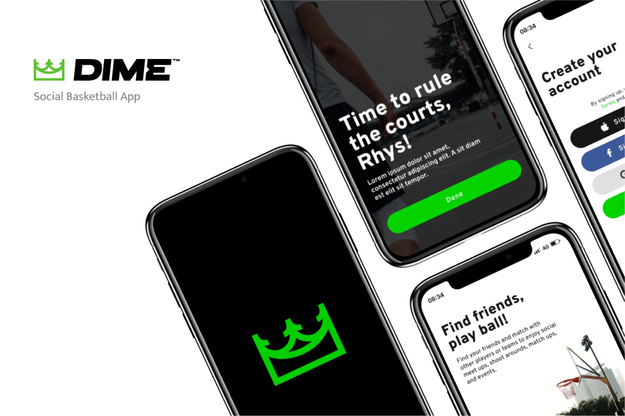 DIME basketball app interface showing splash and sign-up